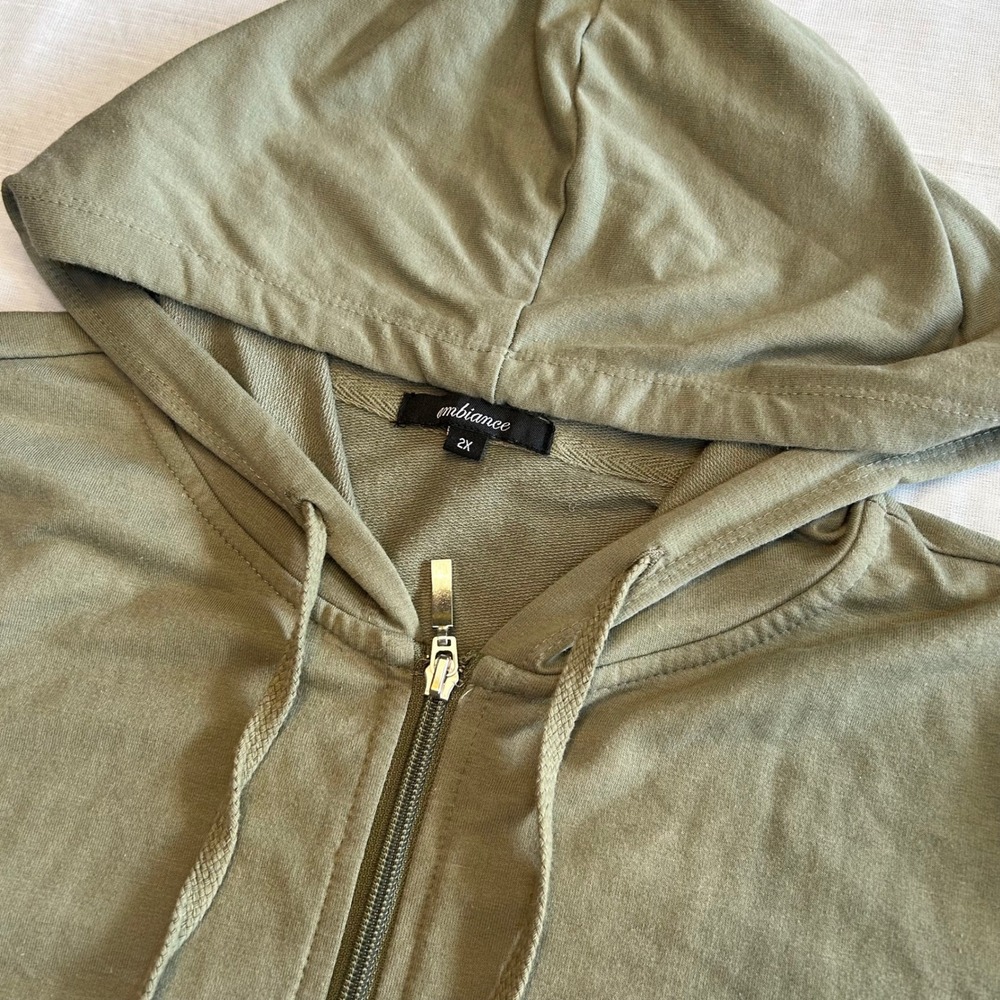 Ambiance Zip Up Hoodie Women 2X Olive Green Long Sleeve Casual Hooded Sweatshirt